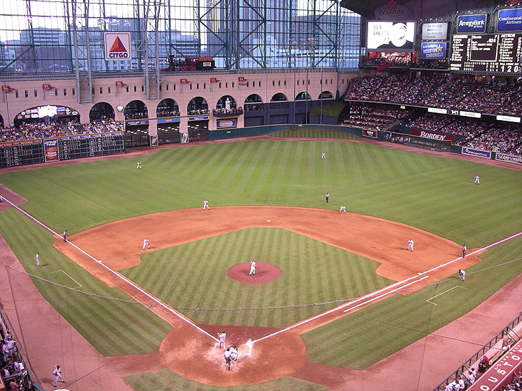 Night view of Minute Maid Park and downtown Houston